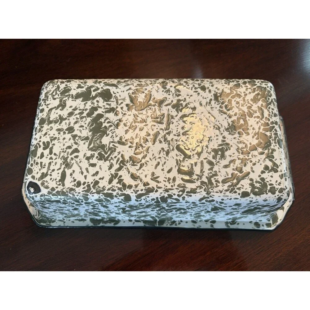 Vintage Olive Green and White Splatterware Enamelware Loaf Pan Excellent